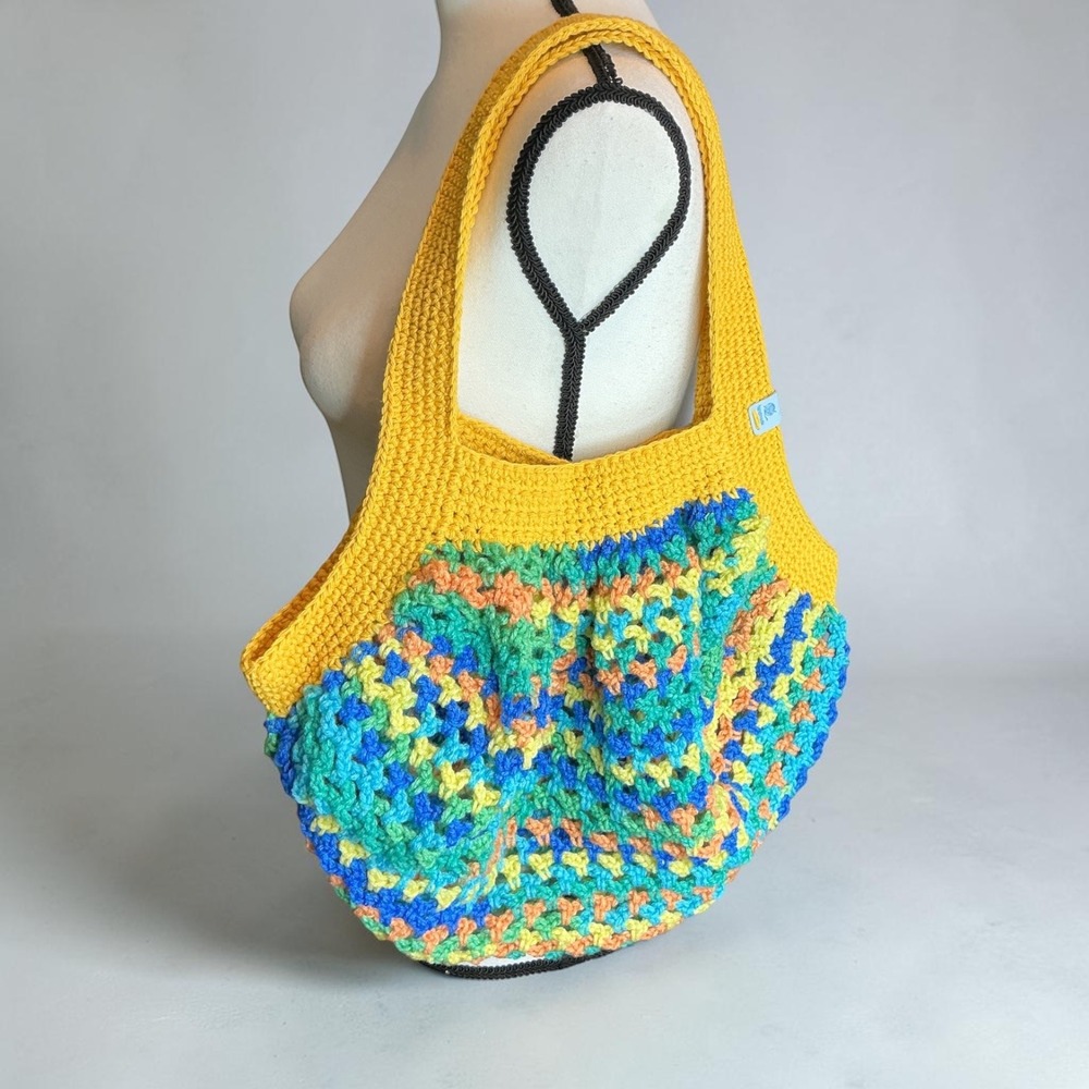 Handmade Yellow Multi Crochet Mesh Market Bag Women Medium Boho Cotton Acrylic